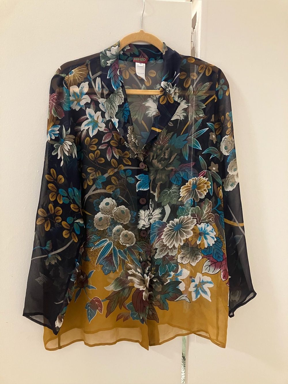 Kenzo Paris Silk Semi Sheer Floral Blouse Shirt Top France 42 USA 10 L.